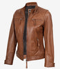 Veste style motard matelassée en cuir d'agneau véritable pour femme, couleur beige