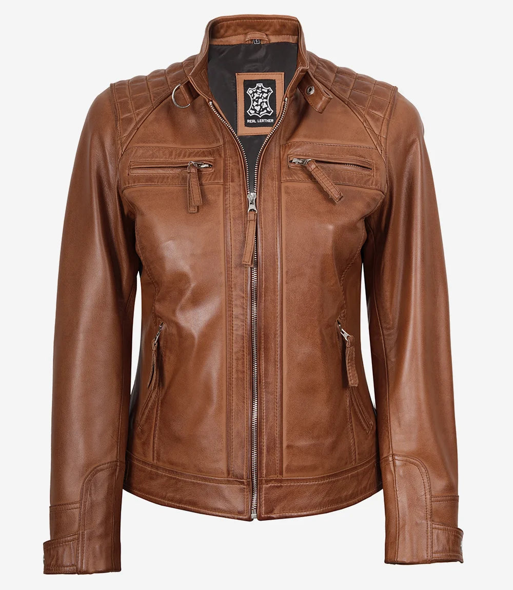 Veste style motard matelassée en cuir d'agneau véritable pour femme, couleur beige
