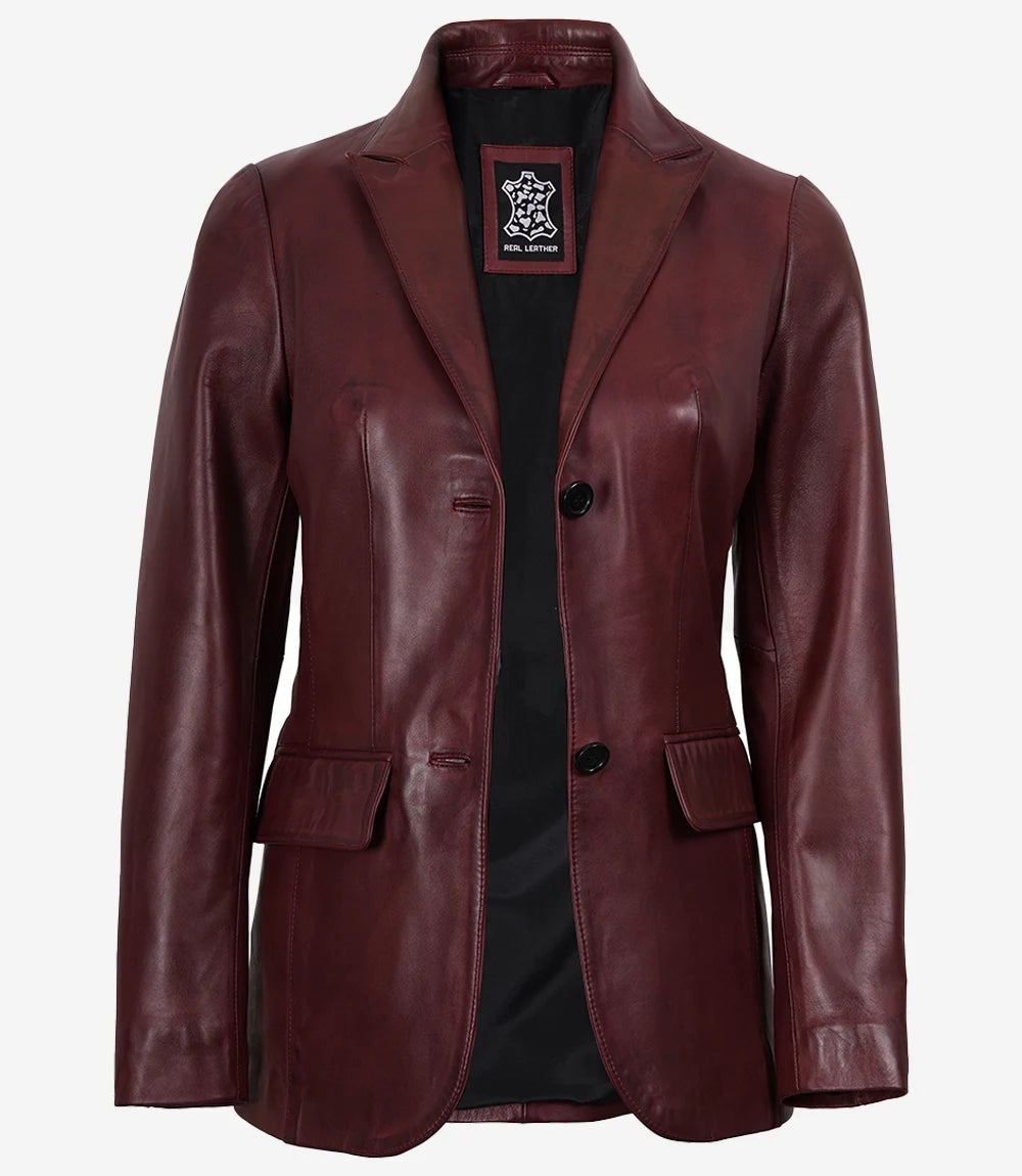 Women's Maroon Waxed Leather Two-Button Blazer Jacket