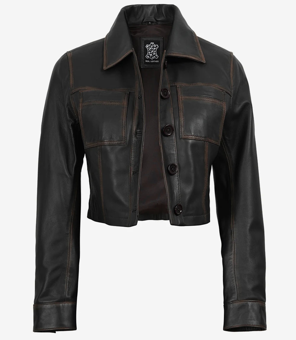 Womens Vintage Brown Cropped Leather Jacket