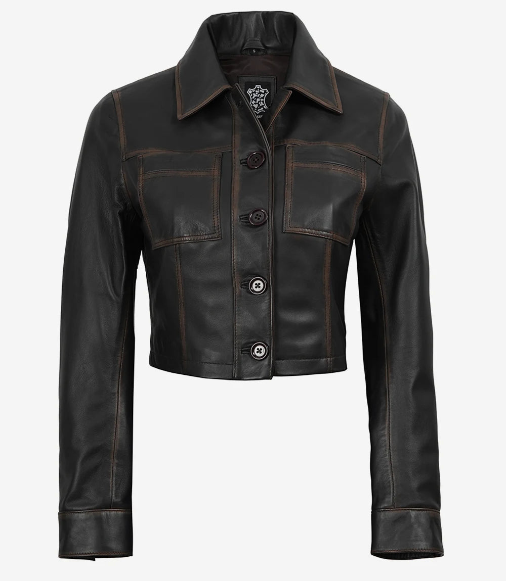 Womens Vintage Brown Cropped Leather Jacket