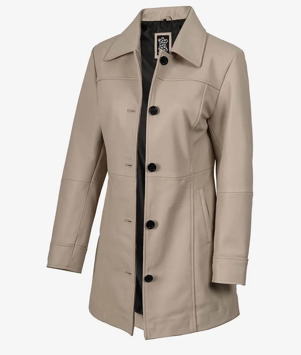 Manteau 3/4 beige en cuir d'agneau véritable pour femme