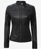 Veste style motard en cuir d'agneau noir pour femme