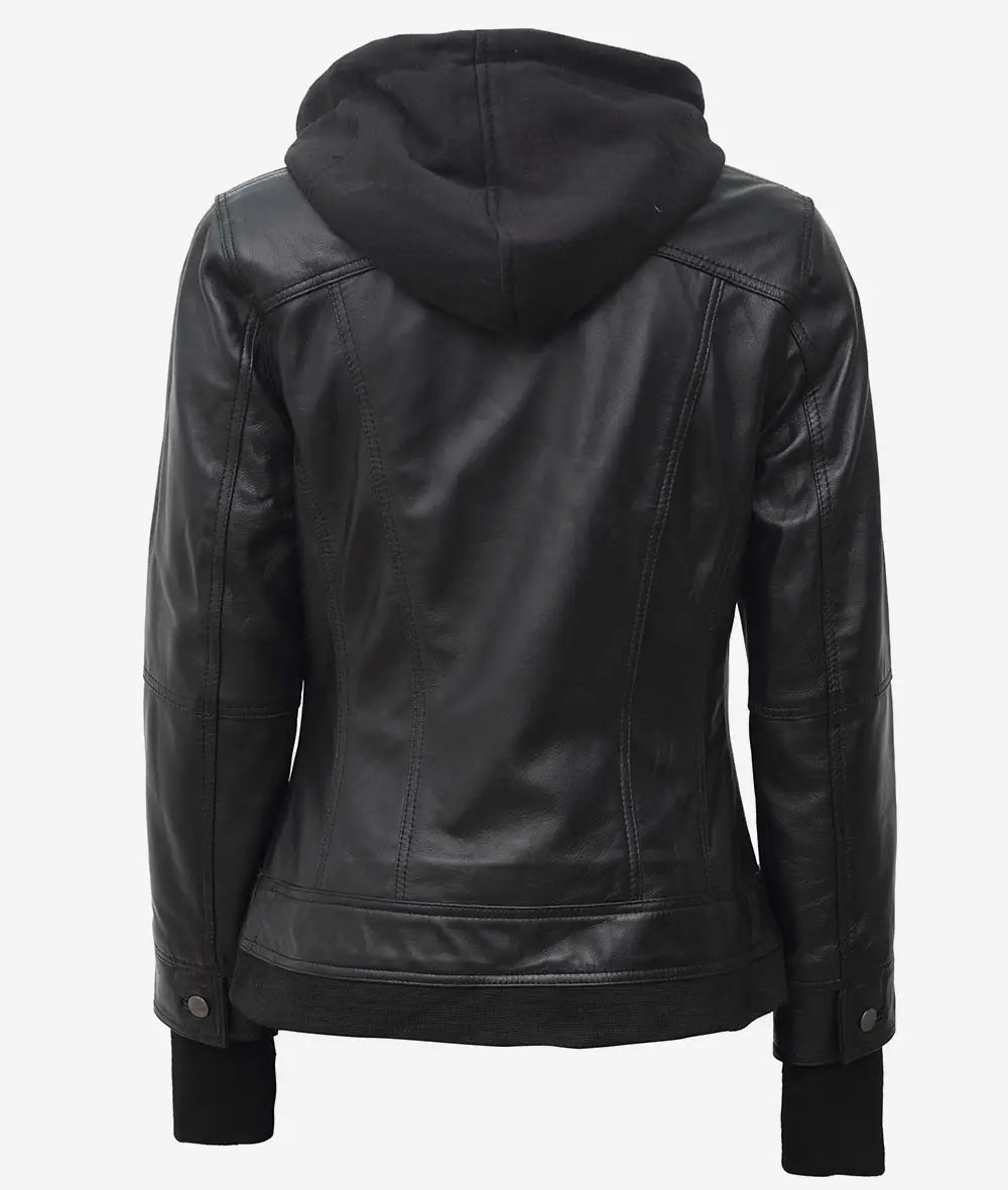 La Celeste : blouson aviateur en cuir noir pour femme avec capuche amovible