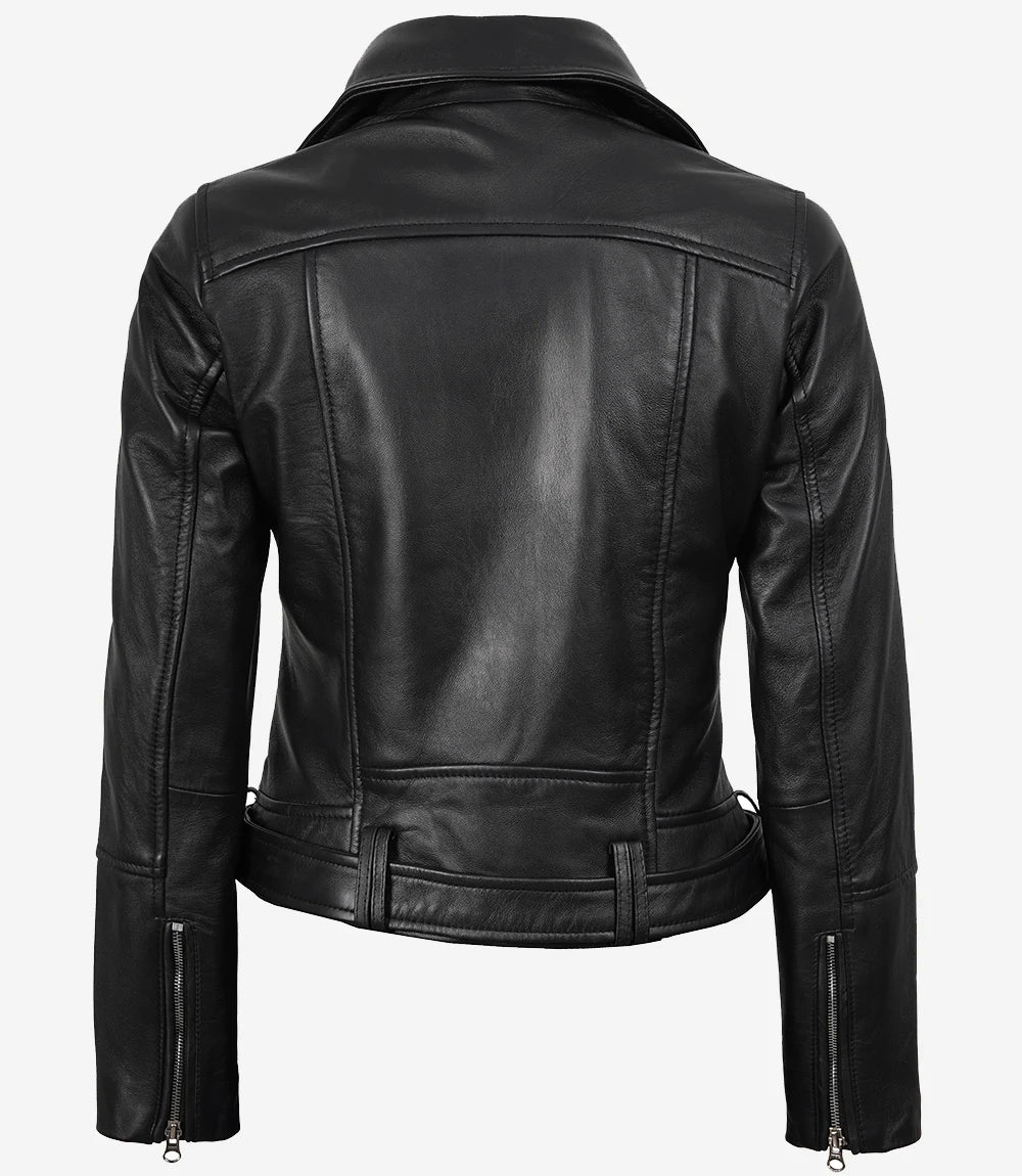 Veste de motard asymétrique en cuir noir avec ceinture pour femme