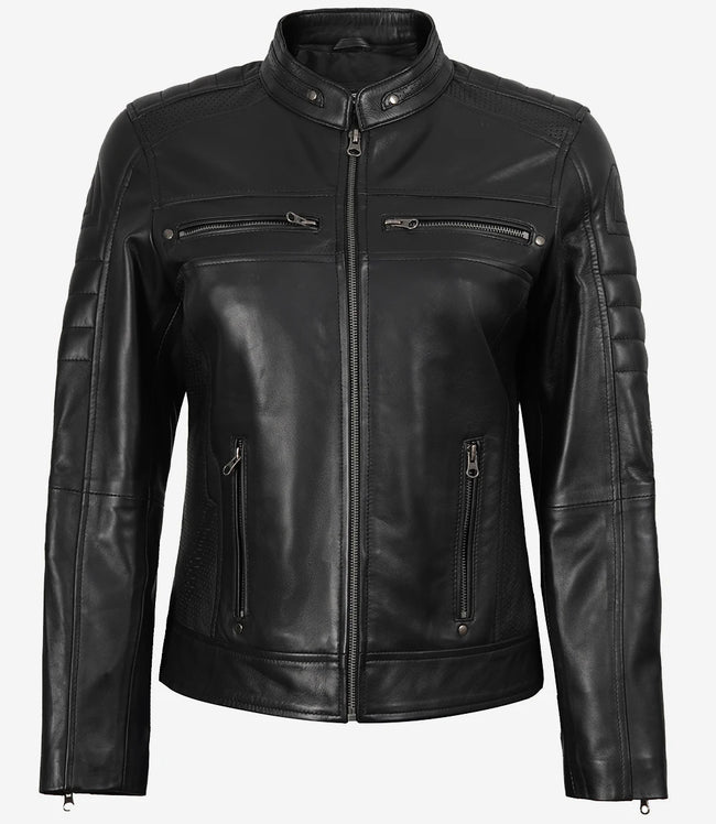 Veste en cuir noir style motard pour femme