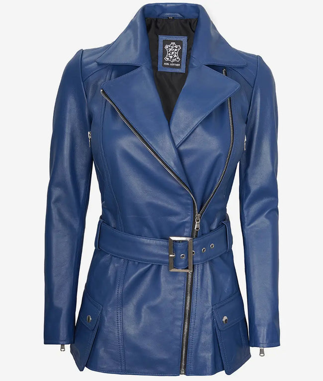 Womens Asymmetrical Blue Belted Moto Leather Jacket