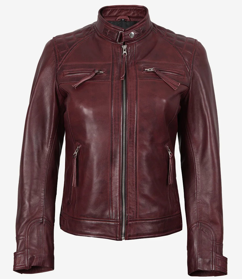 Maroon Womens Real Lambskin Leather Motorcycle Jacket