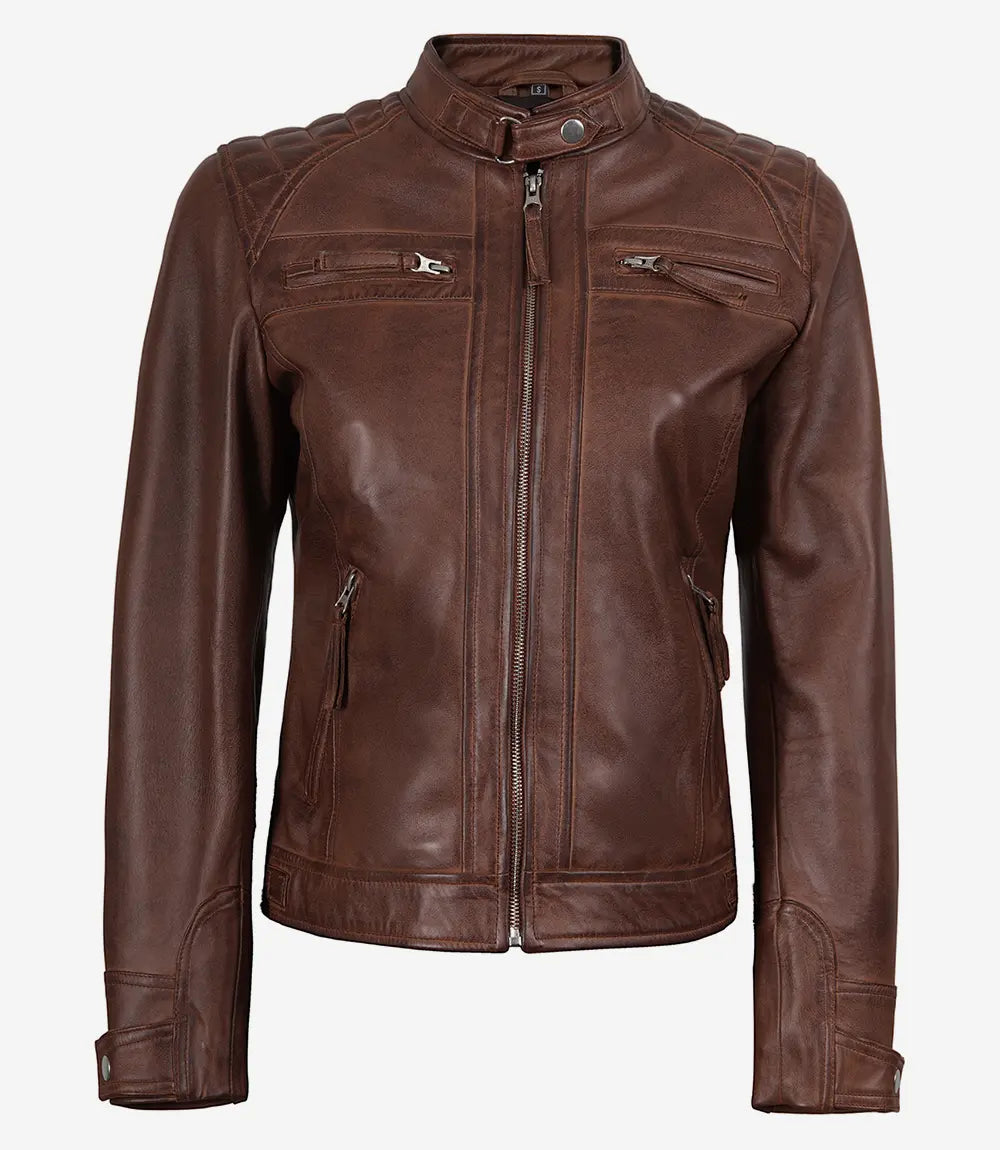 Womens Cognac Real Leather Motorcycle Jacket