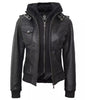 Womens Petite Black Hooded Bomber Leather Jacket