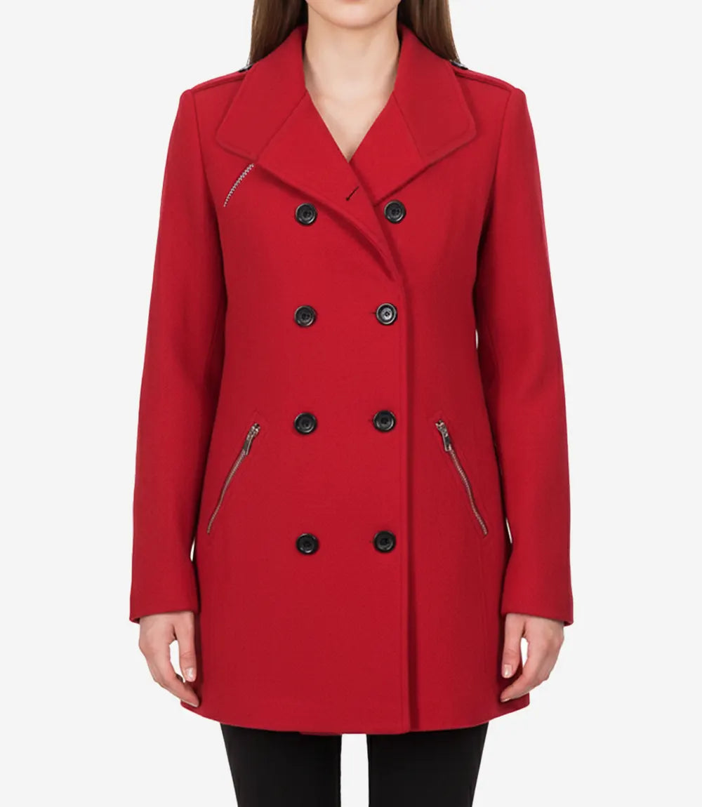 Caban croisé en laine rouge pour femme