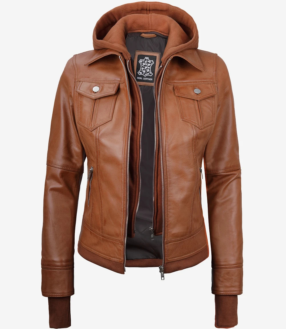 Brown Bomber Leather Jacket With Hood