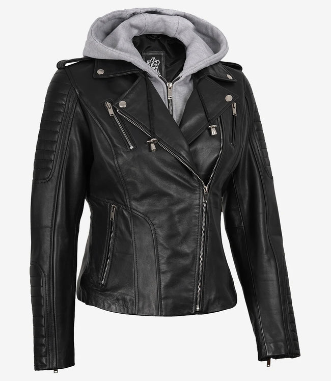 Veste en cuir noir style motard pour femme avec capuche