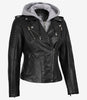 Women's Biker Style Black Leather Jacket with Hood