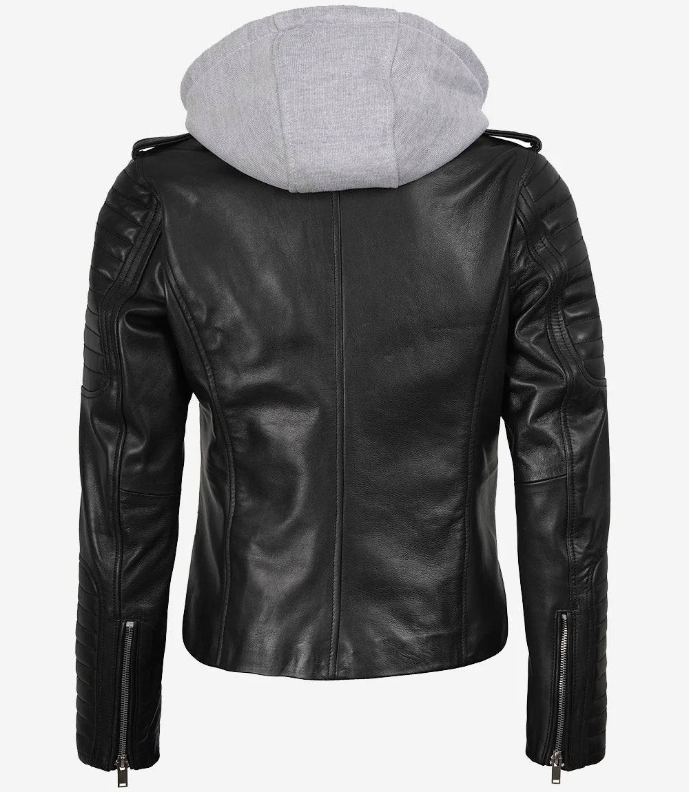 Women's Biker Style Black Leather Jacket with Hood
