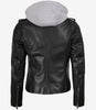 Women's Biker Style Black Leather Jacket with Hood