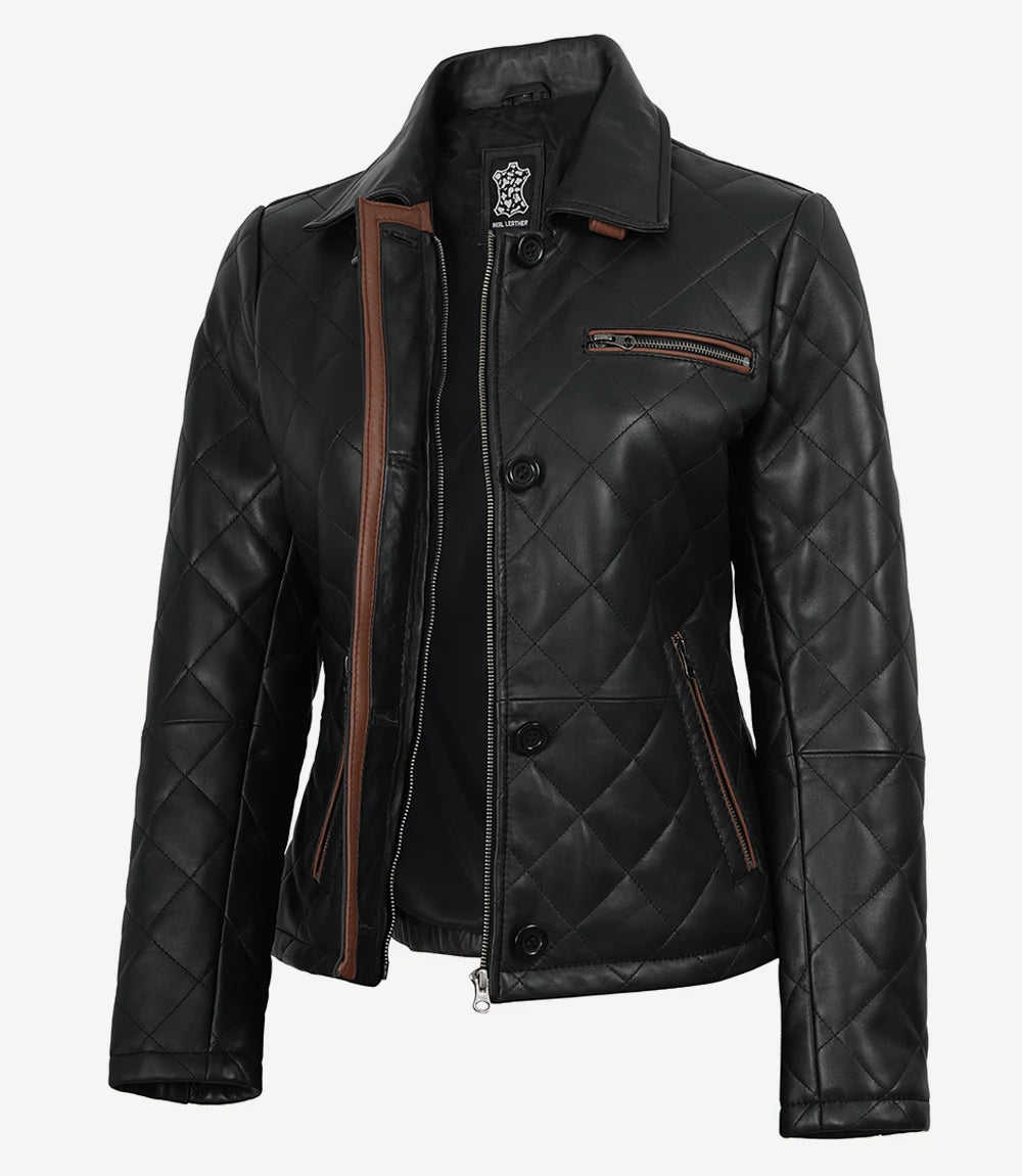 Glen Women's Black Diamond Quilted Leather Jacket with Brown Trim
