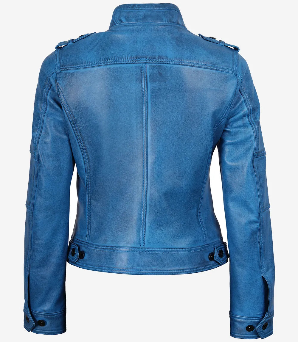 Veste style motard en cuir d'agneau ciré bleu pour femme