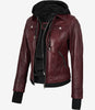 Blouson aviateur en cuir bordeaux pour femme avec capuche amovible