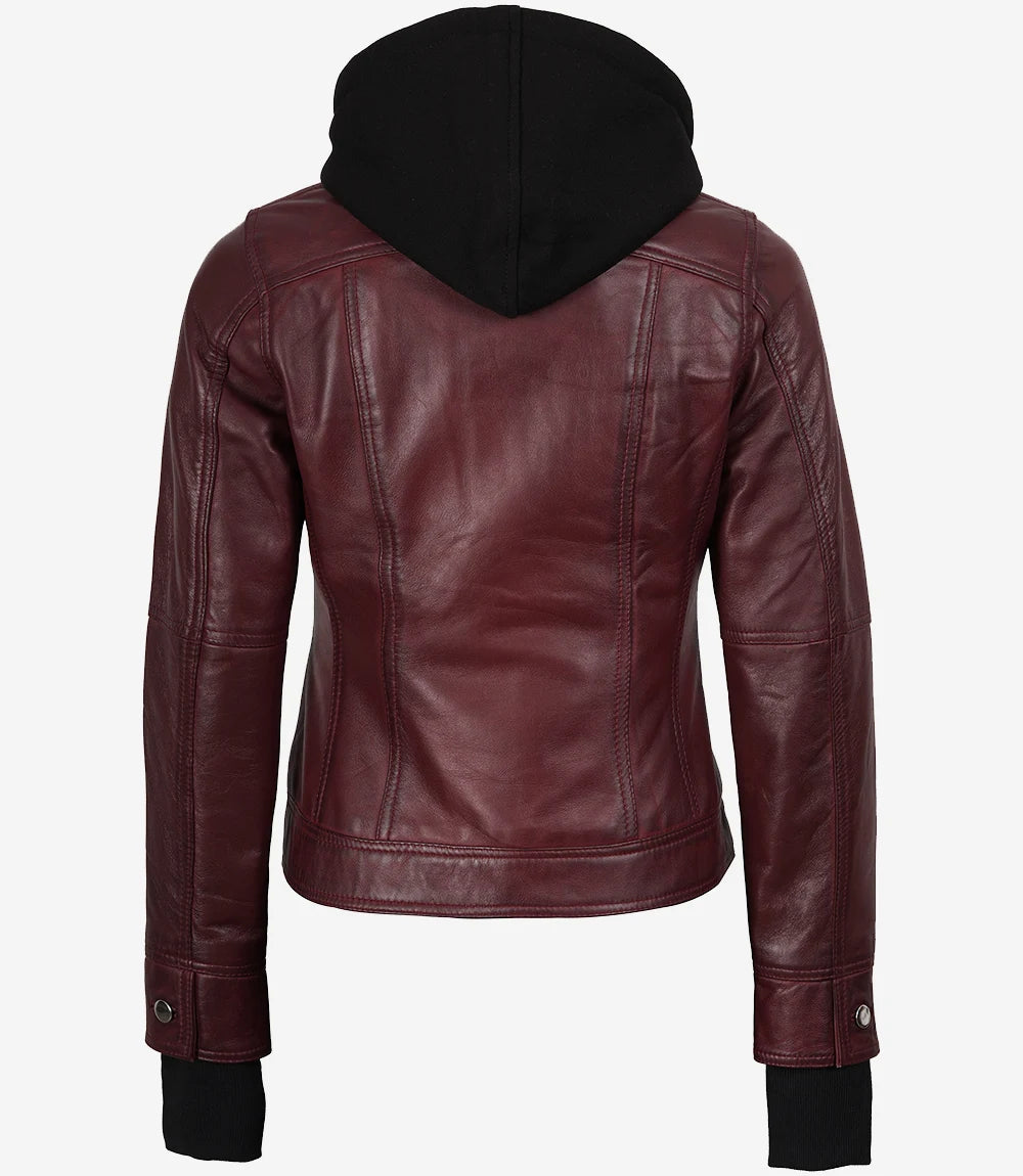 Blouson aviateur en cuir bordeaux pour femme avec capuche amovible