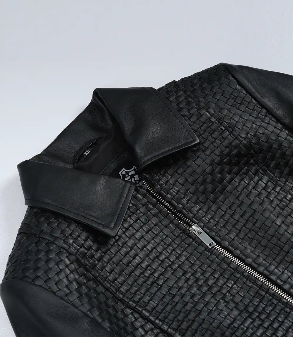 Jose Women's Black Shirt Collar Harrington Textured Leather Jacket