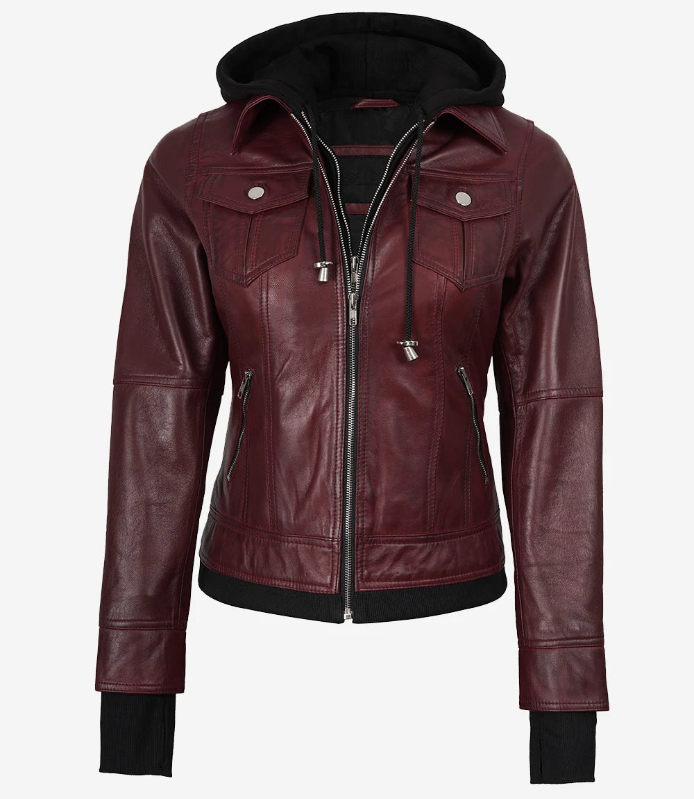 Blouson aviateur en cuir bordeaux pour femme avec capuche amovible