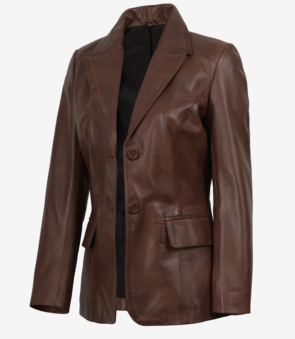 Women's Two Button Cognac Waxed Leather Blazer