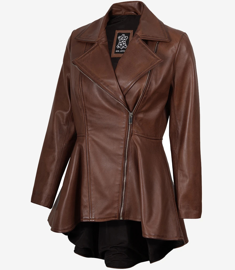 Veste en cuir à basque asymétrique cognac pour femme