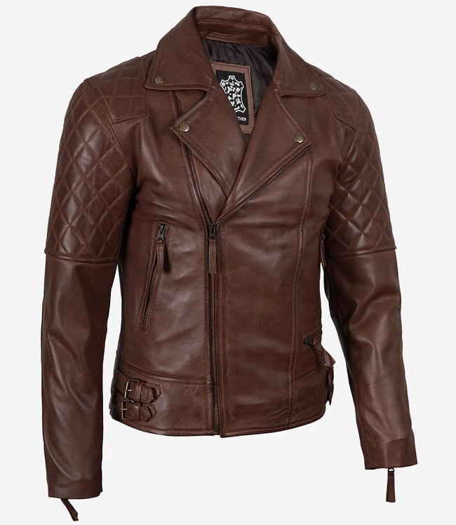 Veste en cuir asymétrique style motard cognac pour homme