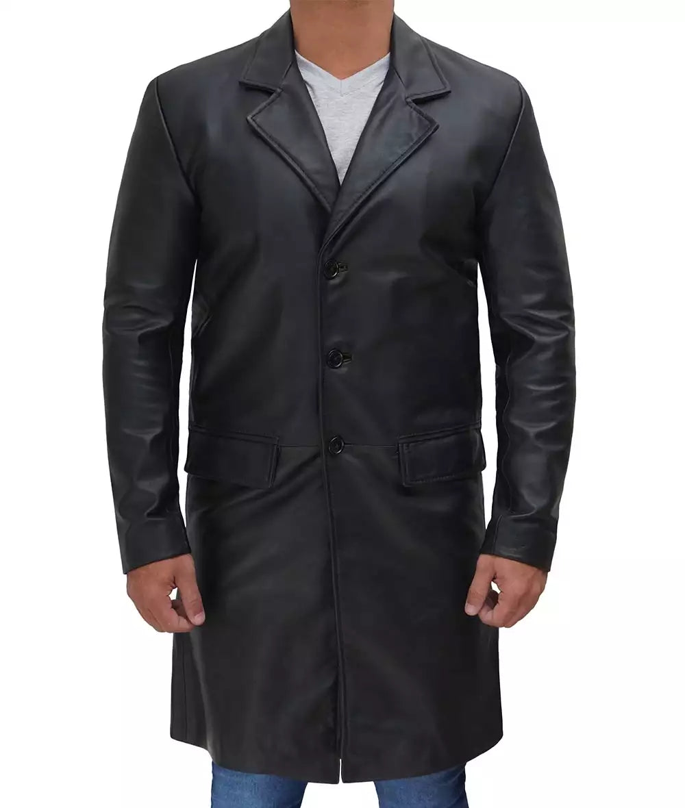 Mens Cowhide Black Long Leather Coat