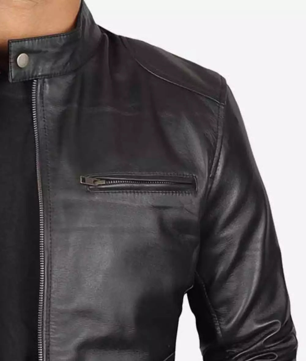 Mens Tall Black Leather Racer Jacket