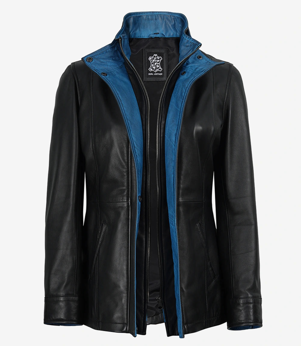 Erin Women's High-Collar Black Leather Jacket With Blue Waxed Details