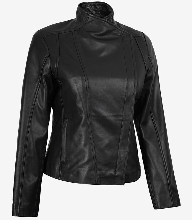 Veste en cuir véritable noir pour femme Arezoo avec fermeture éclair asymétrique