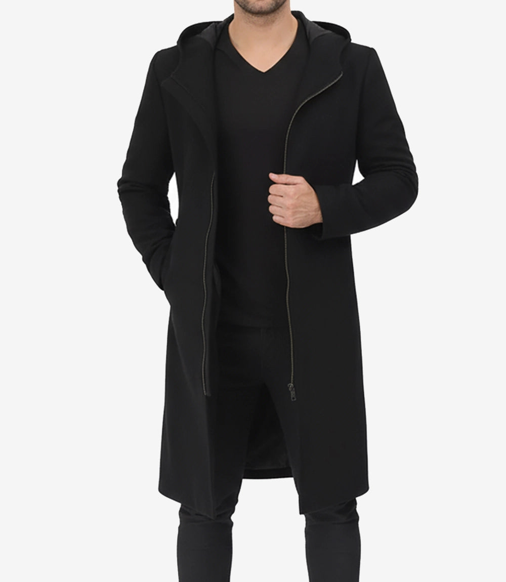 Manteau en laine noir à capuche pour homme | Fermeture éclair pour la chaleur hivernale