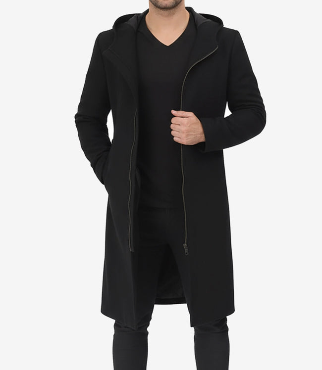 Manteau en laine noir à capuche pour homme | Fermeture éclair pour la chaleur hivernale