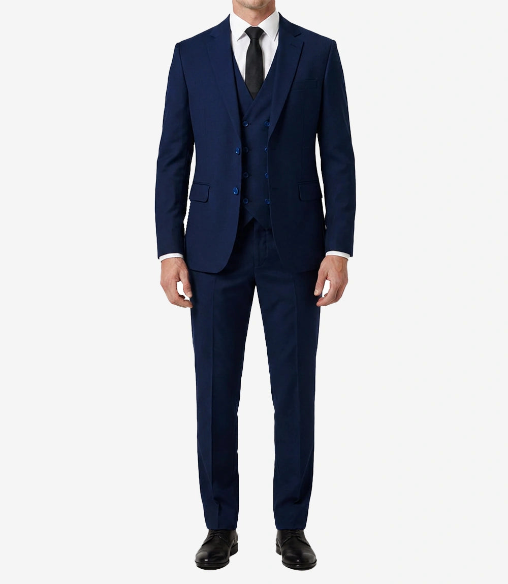 Men's Blue Cotton 3-Piece Suit — Single-Breasted Notch Lapel