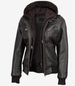 Womens Rub Off Brown Hooded Bomber Leather Jacket