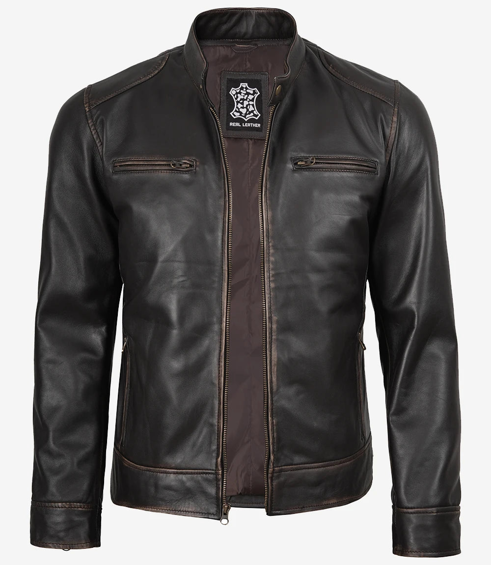 Veste en cuir marron vieilli style motard pour homme