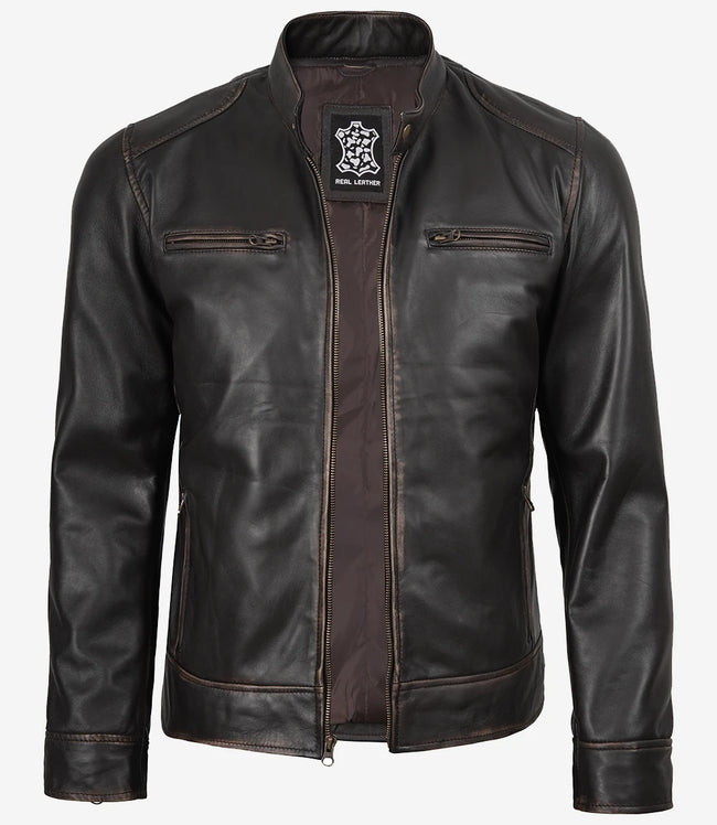 Veste en cuir marron vieilli style motard pour homme