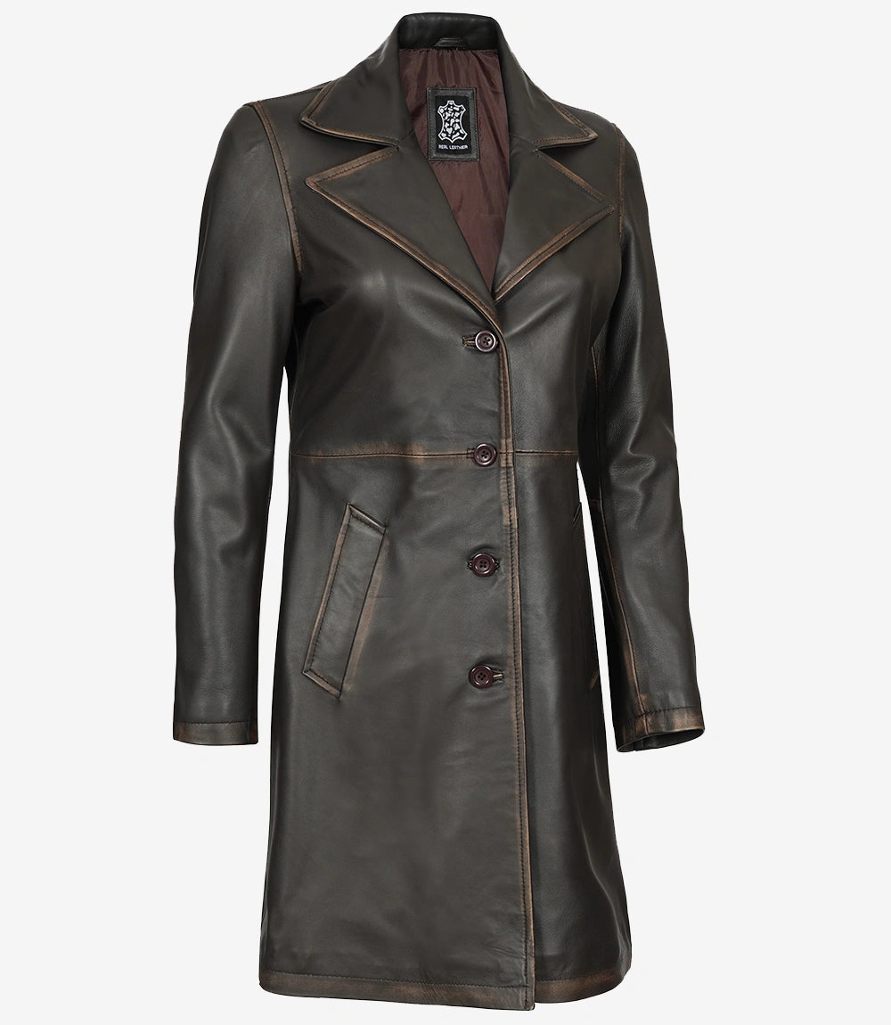 Manteau en cuir marron vieilli trois-quarts pour femme