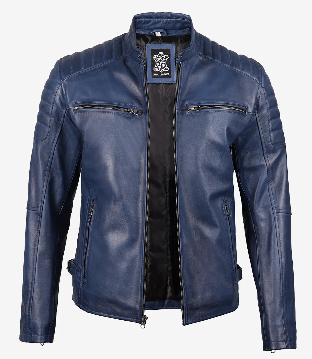 Mens Blue Waxed Cafe Racer Leather Jacket
