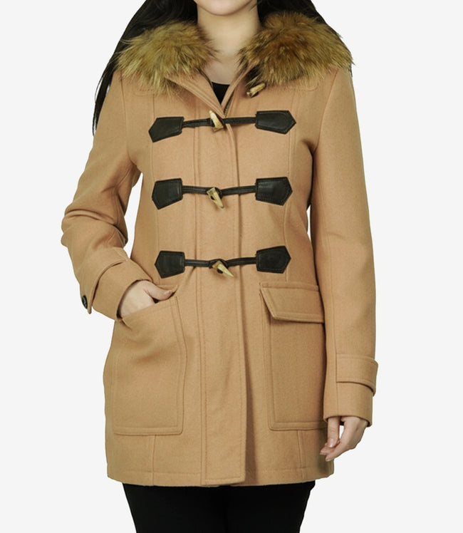 Duffle-coat à capuche en laine et peau lainée marron camel pour femme