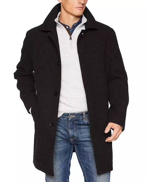Mens Single Breasted Long Black Wool Coat