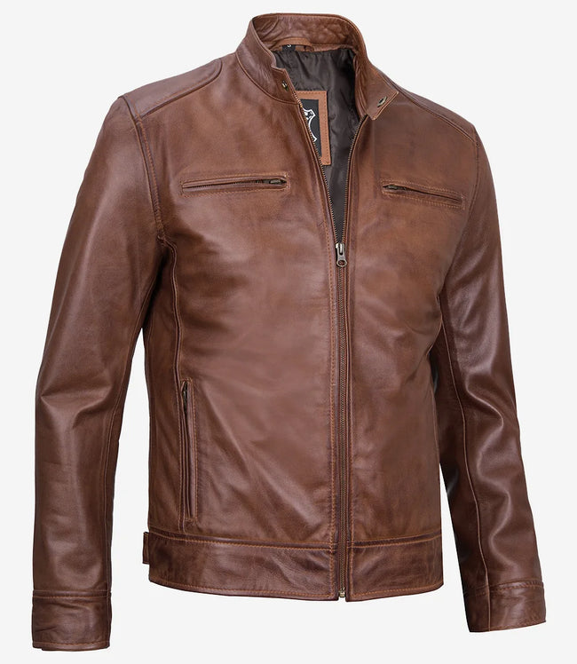 Veste motard en cuir cognac pour homme