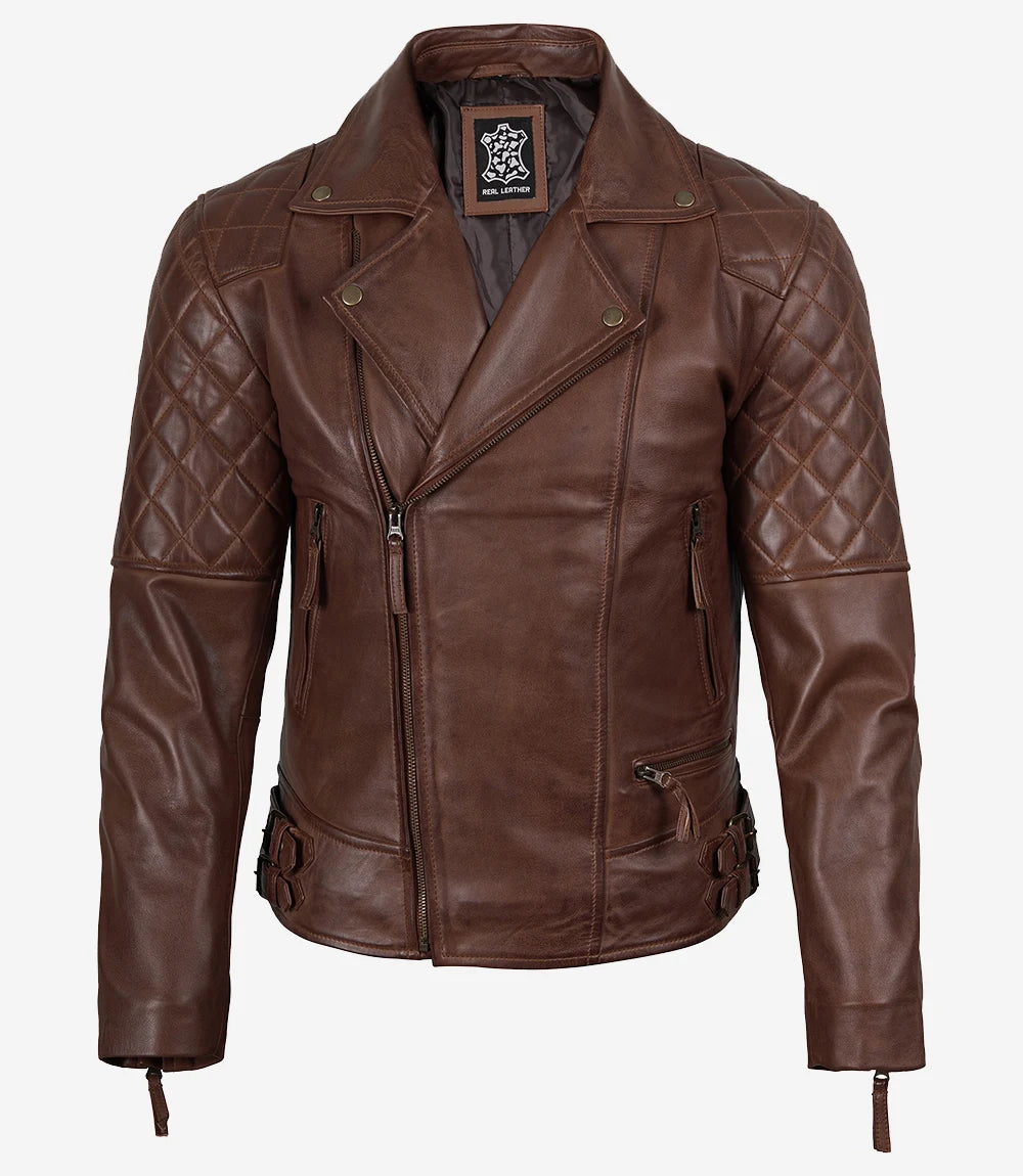 Veste en cuir asymétrique style motard cognac pour homme