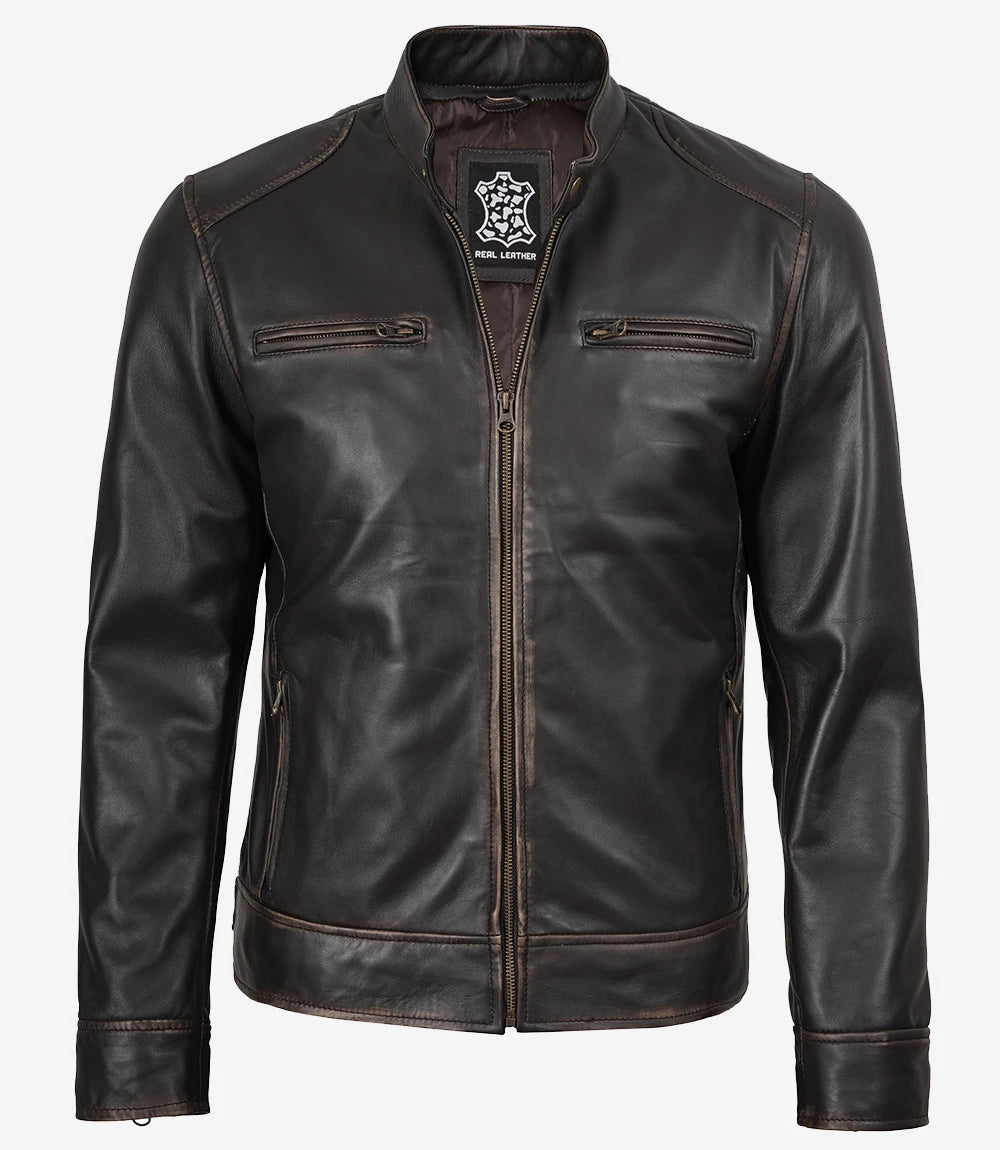 Veste en cuir marron vieilli style motard pour homme