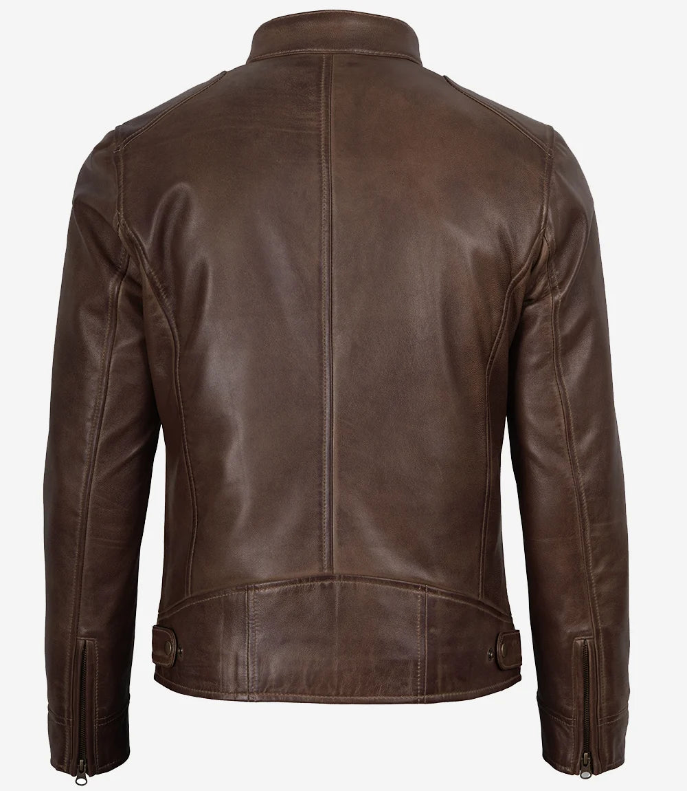 Veste en cuir ciré marron chocolat style motard pour homme Dodge