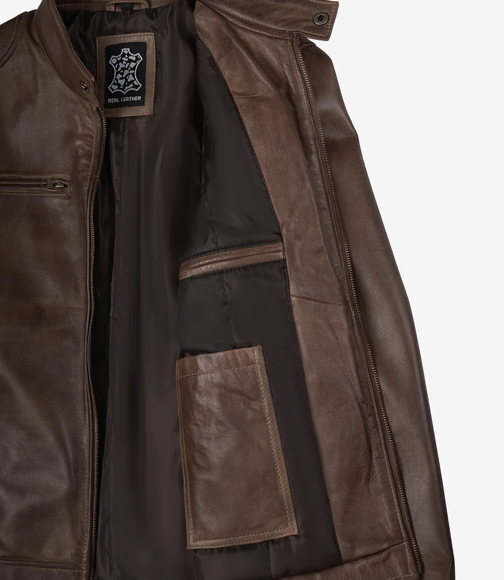 Veste en cuir ciré marron chocolat style motard pour homme Dodge