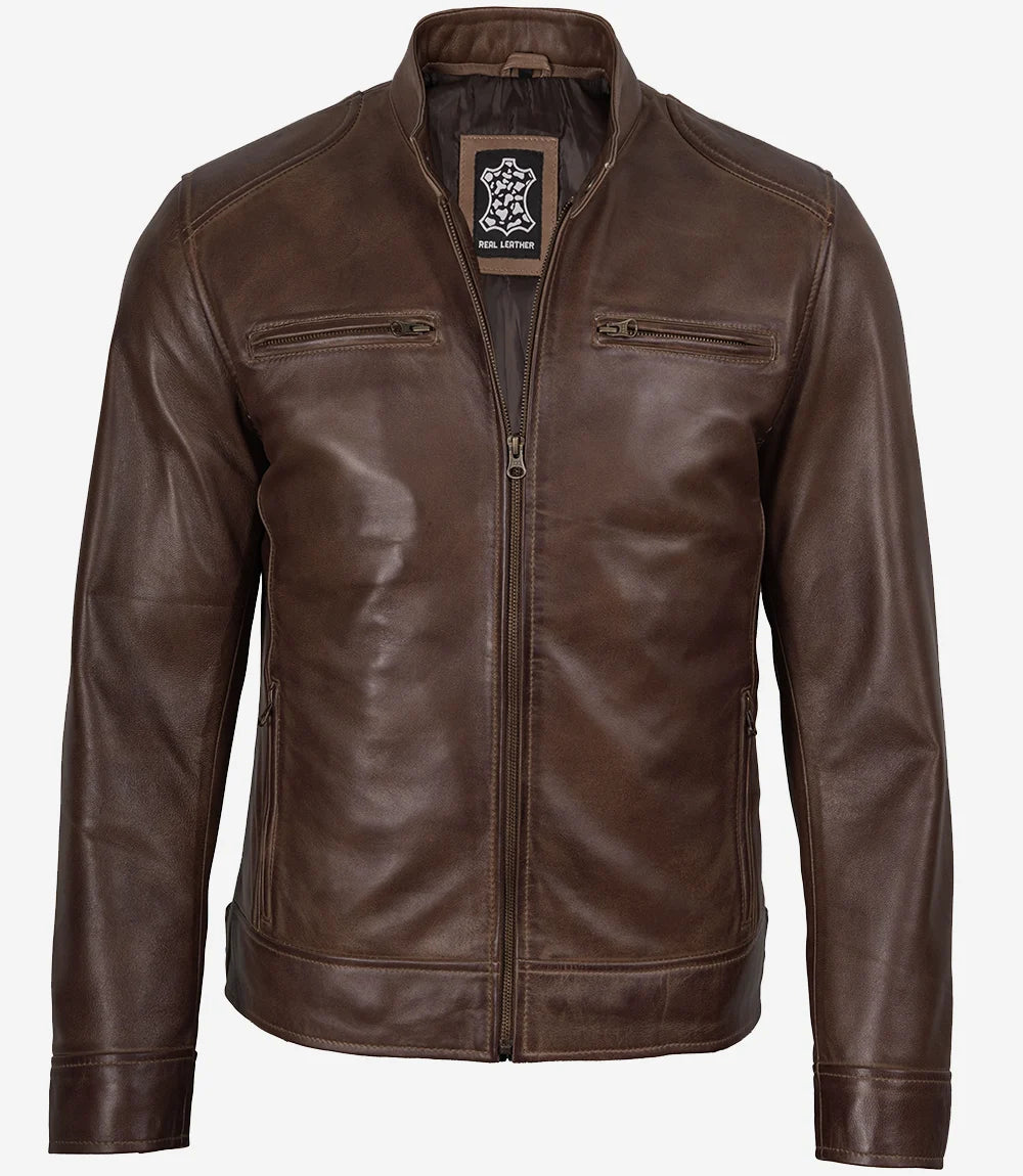 Veste en cuir ciré marron chocolat style motard pour homme Dodge