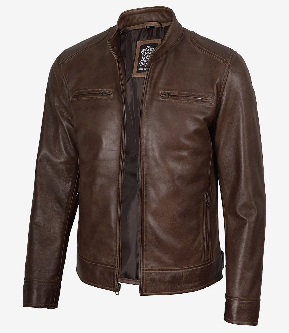 Veste en cuir ciré marron chocolat style motard pour homme Dodge